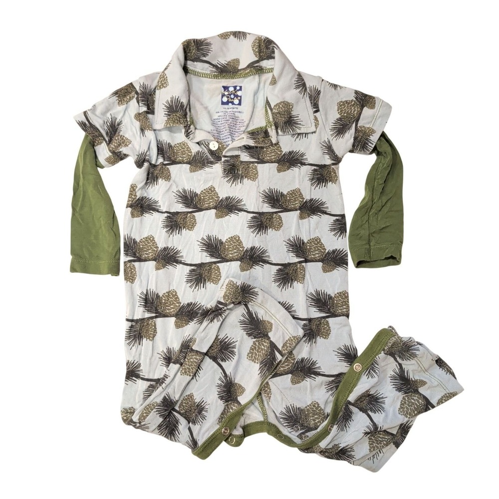 Kickee Pants Pinecone Bamboo Viscose Polo Romper 12-18 Months Blue Forest Nature